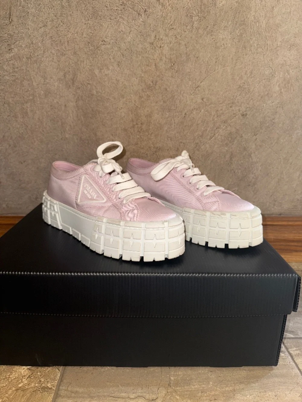 Prada Light Pink Platform Lace-Up Low-Top Sneakers